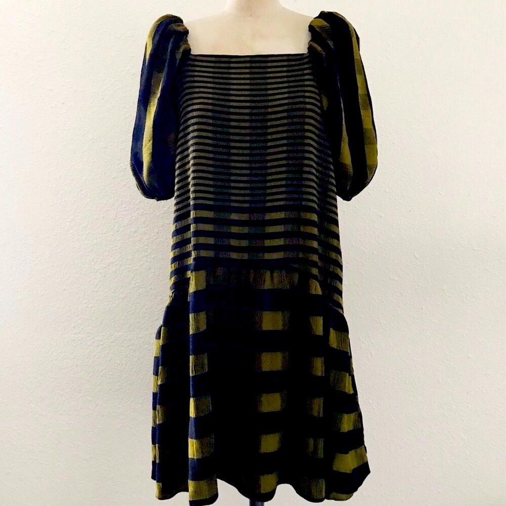 Topshop Olive Green Black Plaid Mini Short Puff Sleeve Dress